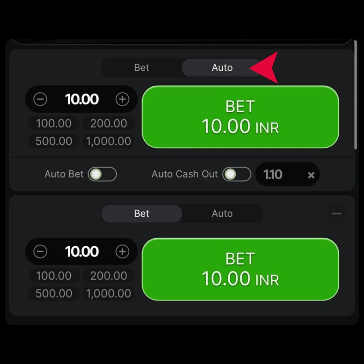 Navigate to the auto bet settings